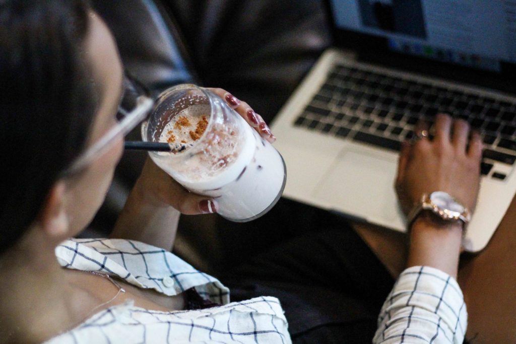 iced coffee and laptop
