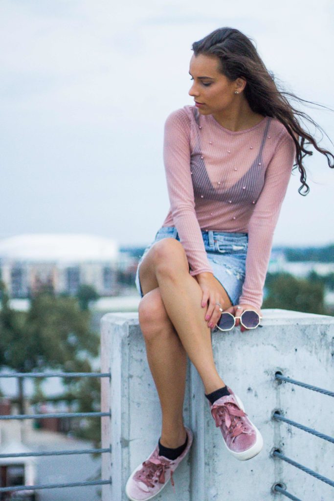 Pink Mesh, Velvet, and Denim Outfit