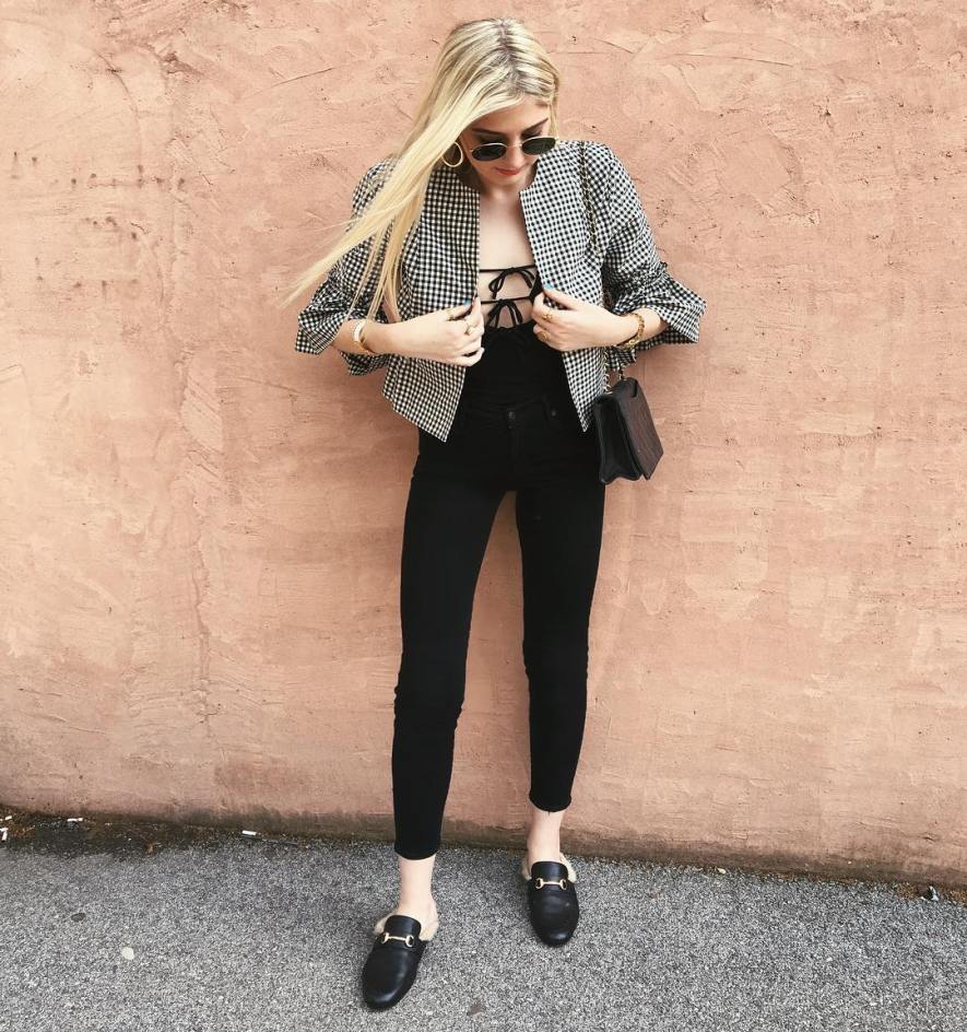 black jeans with a structured jacket