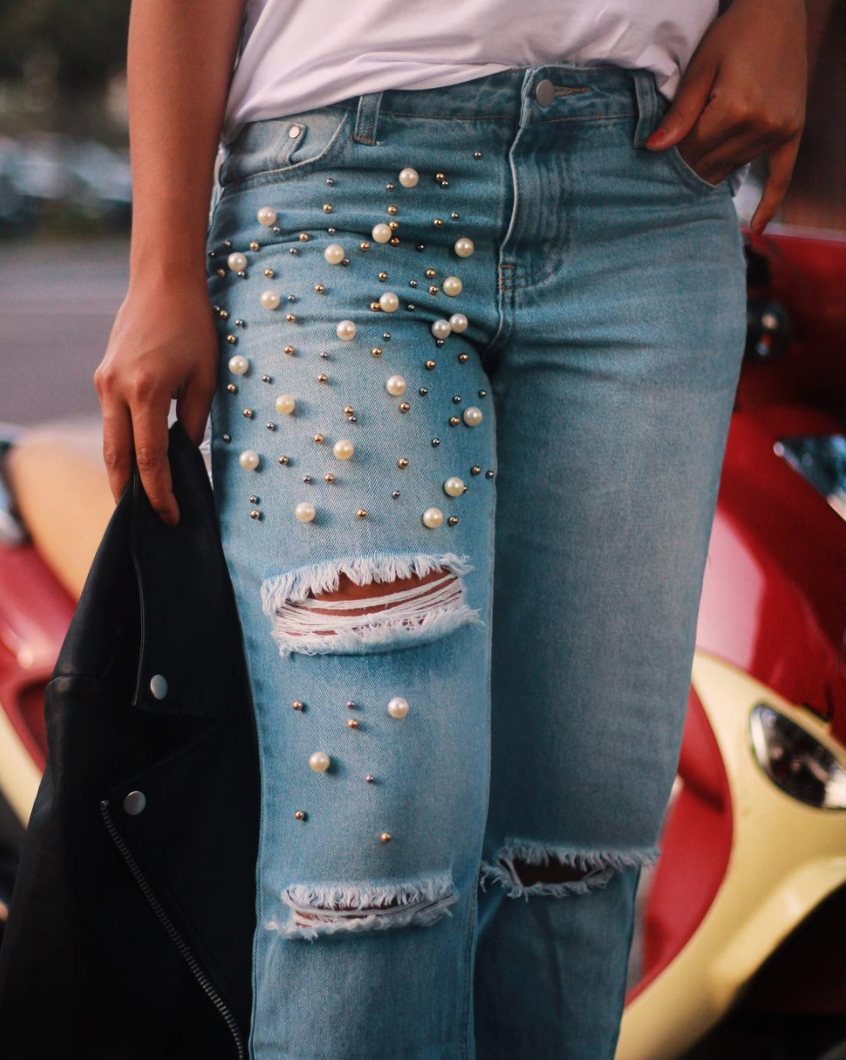 pearl-embellished denim