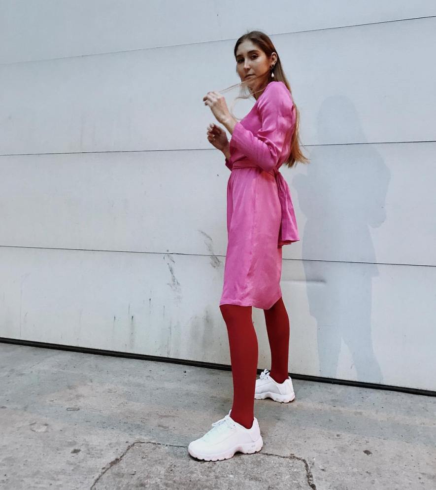 pink dress and red tights