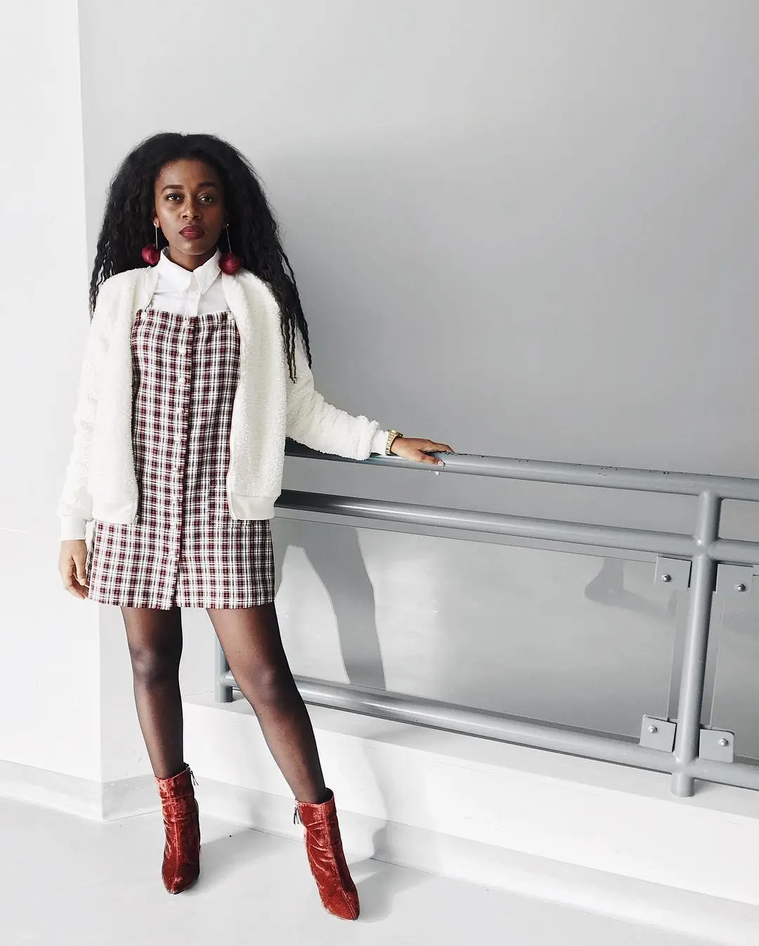 natural hair, red boots, winter fashion