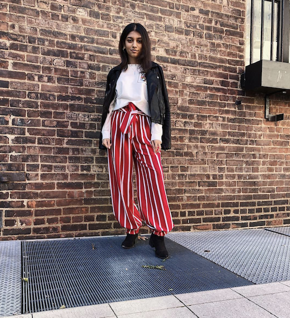 Red striped best sale pants outfit