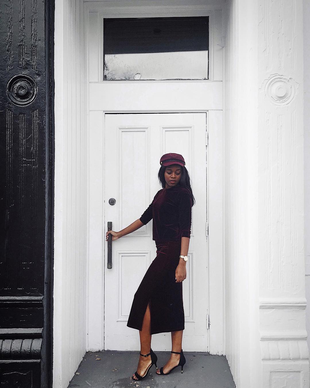 Velvet dress and purple cap 