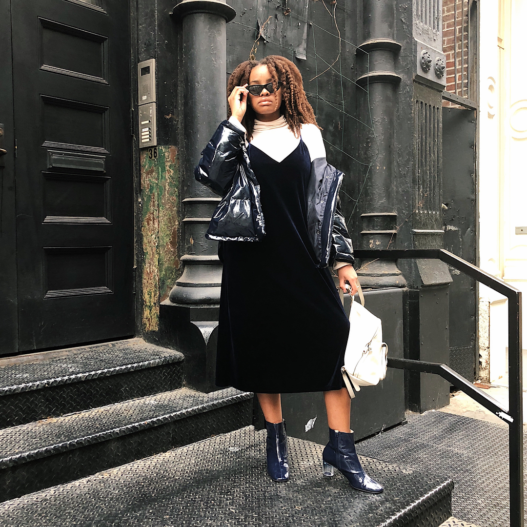 Layer a Velvet Dress Over a Turtleneck for a Girls' Night Out