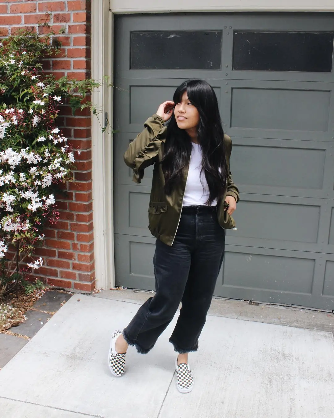 Green Ruffled Bomber Jacket Outfit