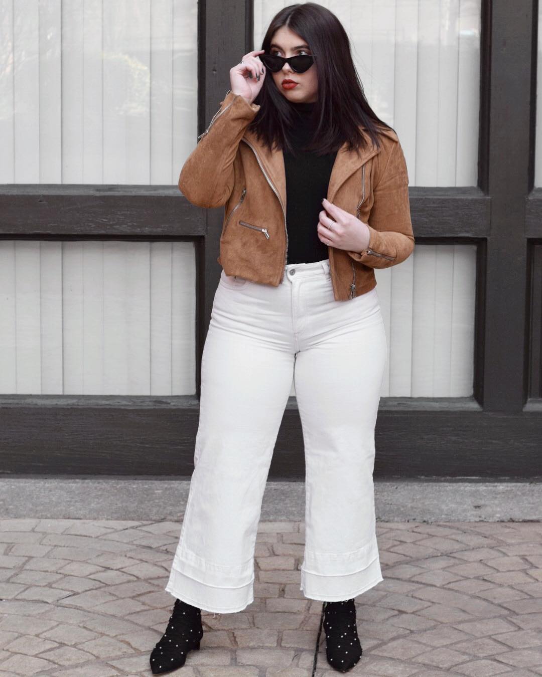 White Denim Culottes and a Tan Leather Jacket