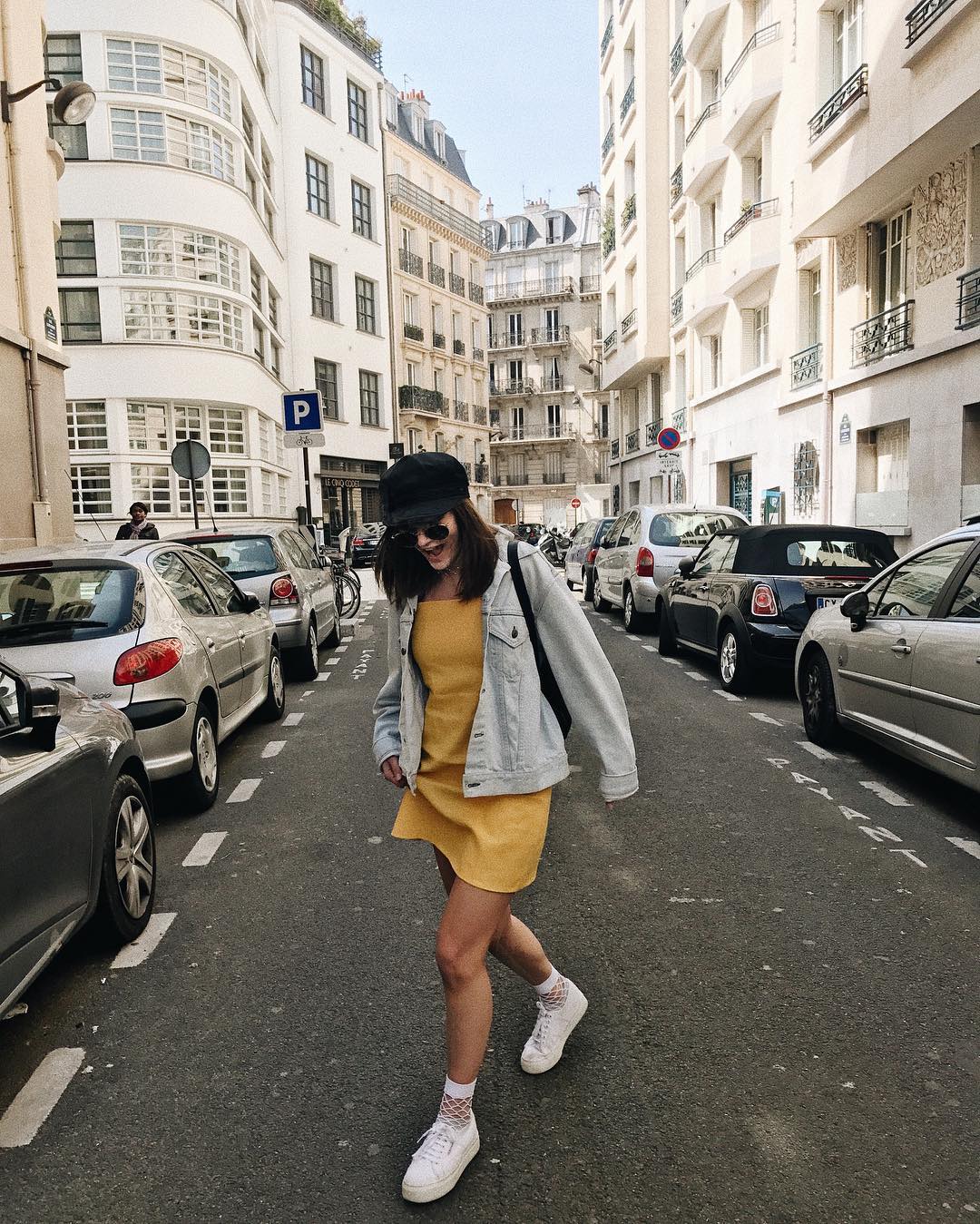 denim jacket and yellow dress look