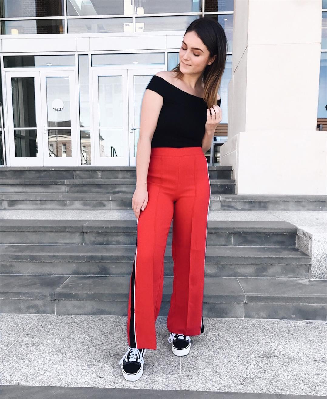 Wear Tailored Track Pants and an Off-the-Shoulder Top the First Day of School