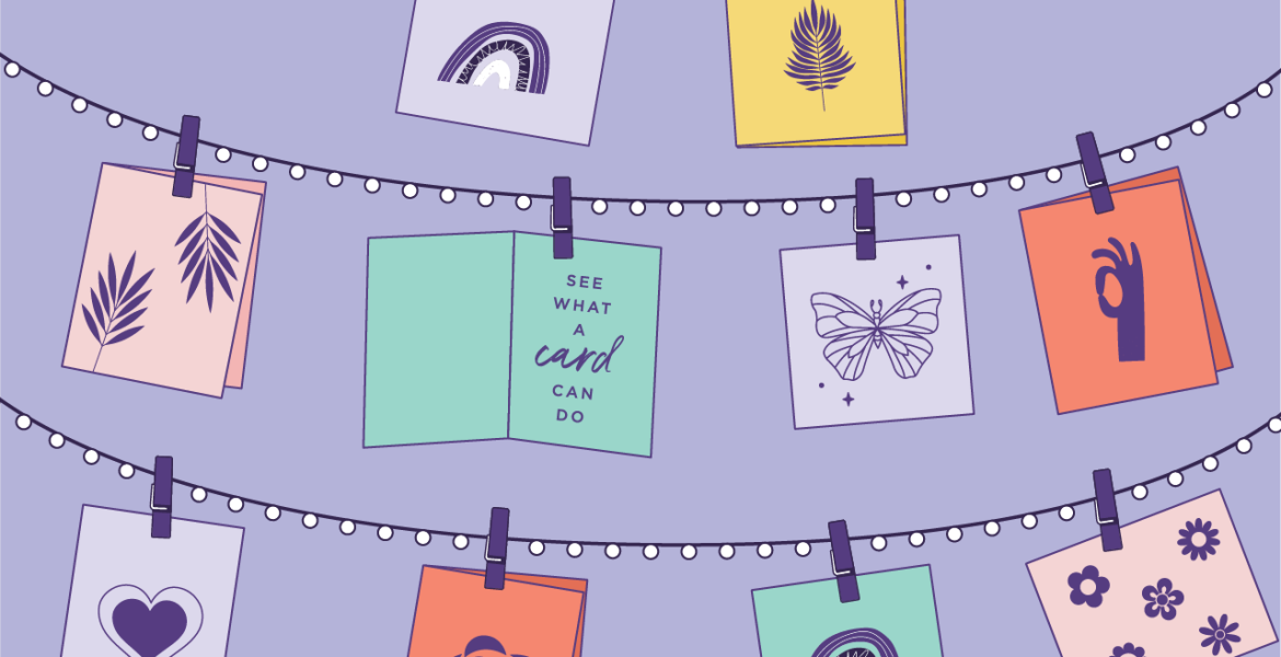 Illustrated example of a Gallery Wall using Hallmark cards, fairy lights & clothespins