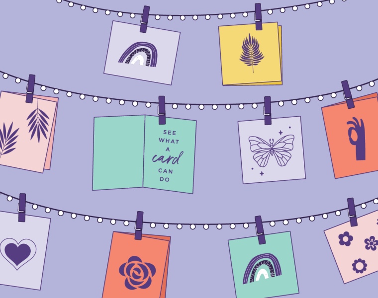 Illustrated example of a Gallery Wall using Hallmark cards, fairy lights & clothespins