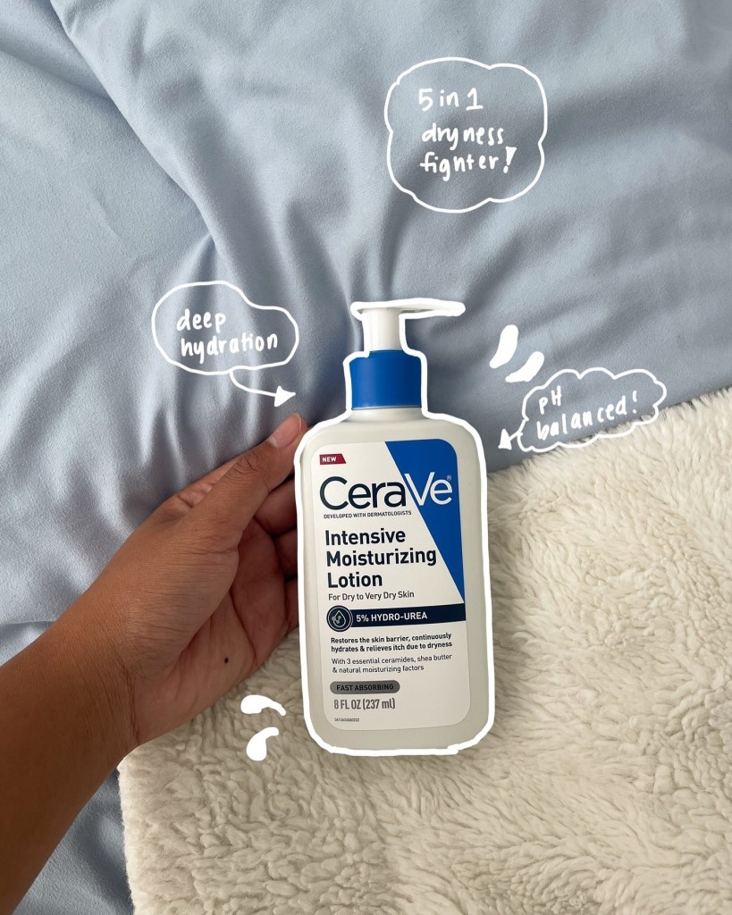 Hand holding CeraVe product with doodles around it